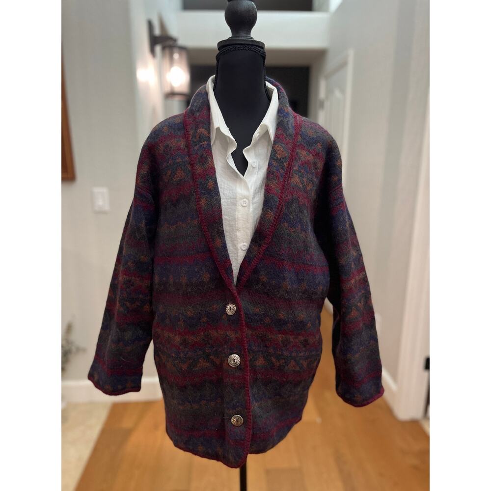 Vtg Alps USA Made 100% Wool Fair Isle Shawl‎ Collar Cardigan Sweater Womens Sz M